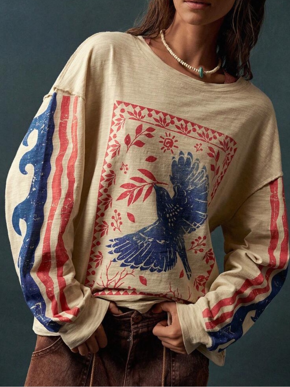 Boho Bird Graphic waves Print Long-Sleeve Shirt top